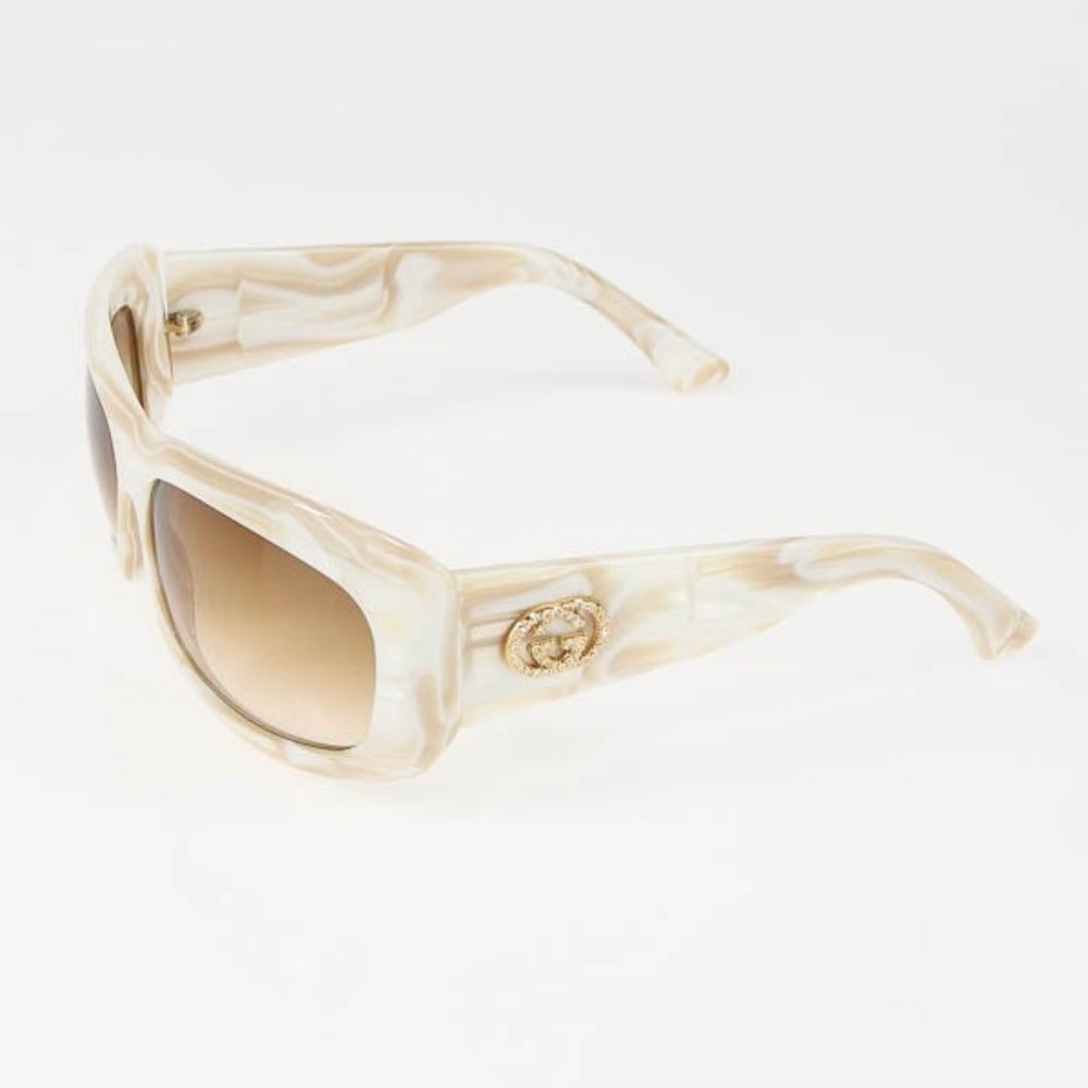 Authentic Y2K Gucci White Beige Pearl Crystal GG Logo Sunglasses